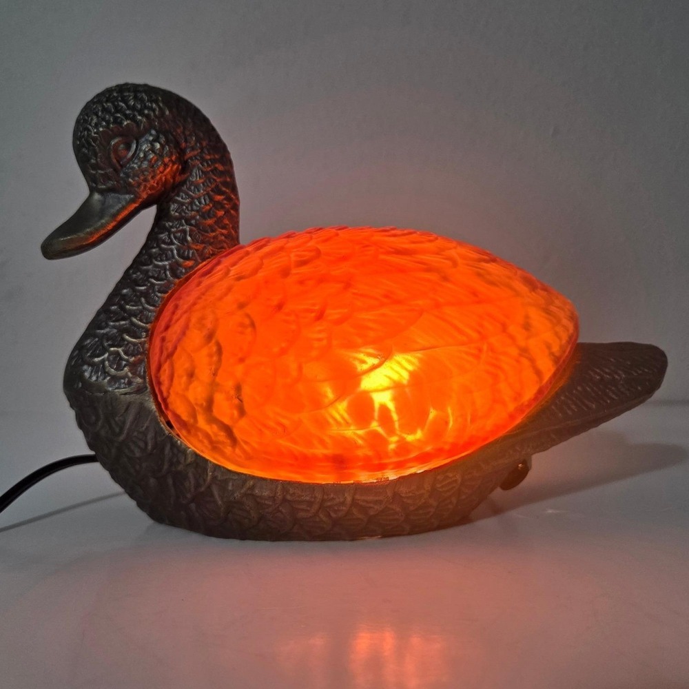 Tiffany Style Amber Slag Glass Duck Bird Mallard Brass Table Lamp Night Light - Picture 3 of 13